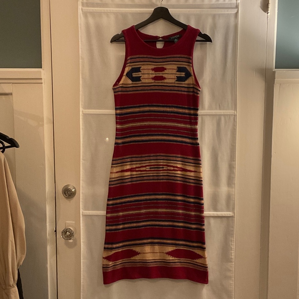 Ralph Lauren Red and Tan Patterned Midi Dress